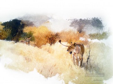 動物 Painting - 雌ライオンとニアラ ジェフ ハンターの野生動物